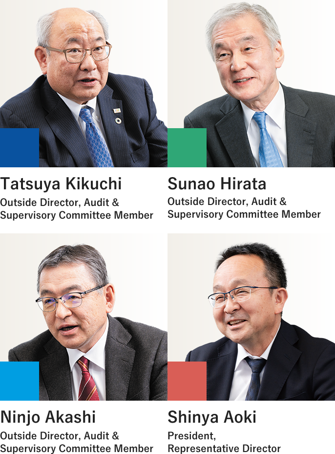 Outside Director, Audit & Supervisory Committee Member Tatsuya Kikuchi、Outside Director, Audit & Supervisory Committee Member Sunao Hirata、Outside Director, Audit & Supervisory Committee Member Ninjo Akashi、President, Representative Director Shinya Aoki